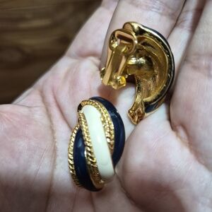 Trifari Navy, Cream and Gold Clip-On Earrings